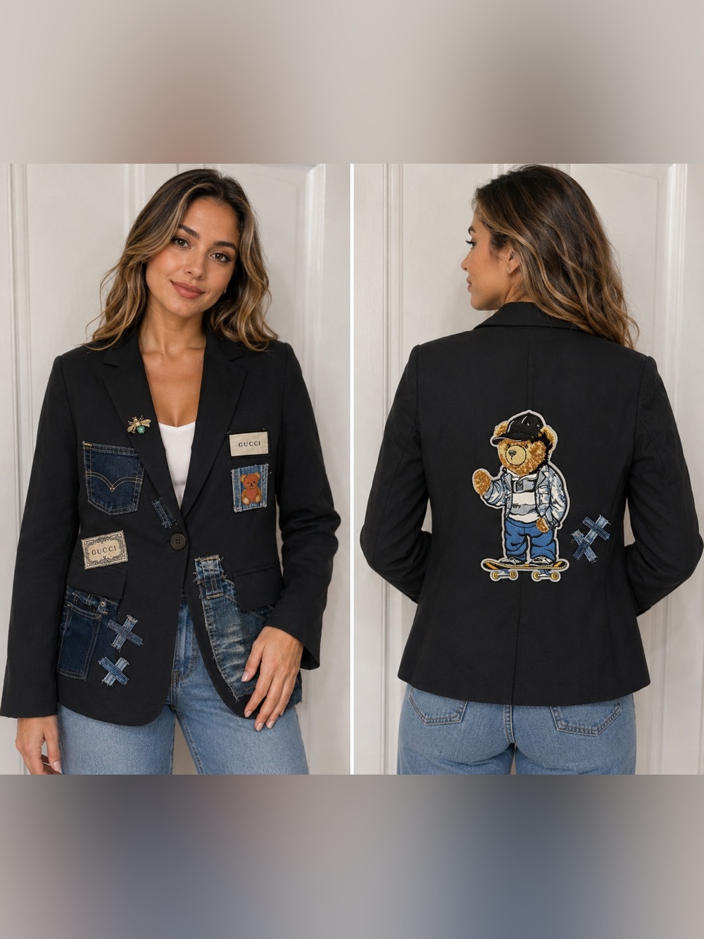 Upcycled Black Patchwork Teddy Embroidered GG inspired Blazer size S